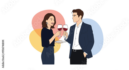 Elegant couple in formal attire enjoys social gathering while clinking wine glasses filled with red wine against abstract colored backdrops.