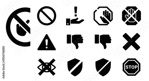 Set of Warning Signs and Symbols: Prohibition, Danger, Stop, No, Cross, Shield, Eye