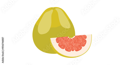 Healthy pomelo fruit illustration depicts whole yellow citrus fruit alongside juicy pink slice isolated on clean white background.