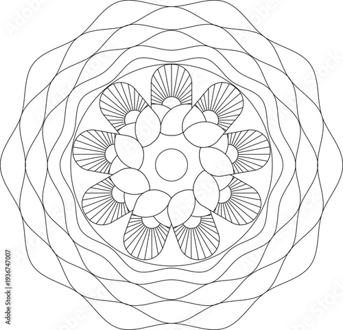 A geometric flower pattern shows a circular design made of overlapping lines and shapes. This pattern is designed for coloring and creative activities at home or in workshops.
