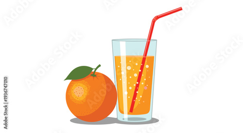 Tall glass of fresh orange juice with red straw stands next to whole ripe orange fruit on clean minimalist white background.