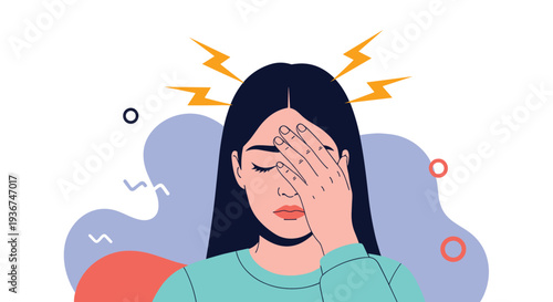 Stressed woman with closed eyes presses hand against her forehead while lightning icons suggest severe headache or intense migraine pain.