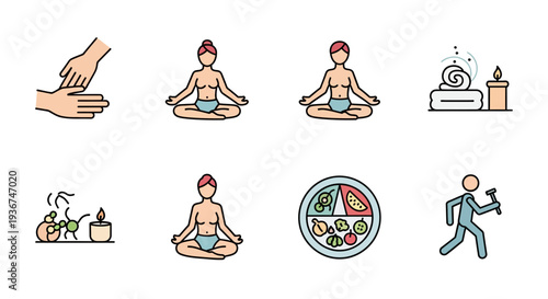 Wellness Icons: Yoga, Healthy Food, Massage, Meditation, Running, Candle