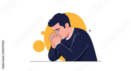 Pensive man in dark sweater sits at table with clasped hands looking down while contemplating difficult problems in emotional illustration.