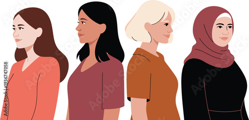 Diverse group of women in different outfits and headwear