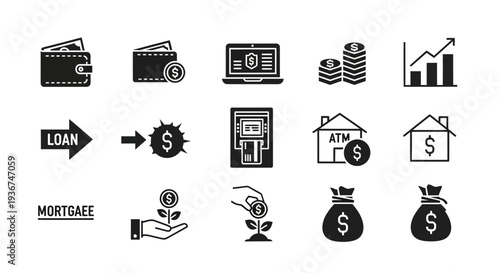 Financial Icons: Loan, Mortgage, ATM, Wallet, Growth, Money Bag, Investment, Savings