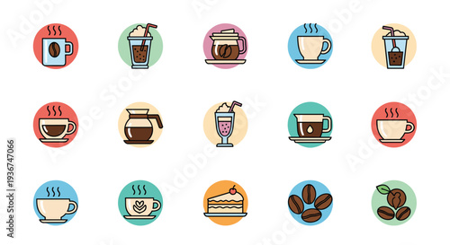 Vibrant grid of circular icons depicts diverse coffee shop menu items including lattes cappuccinos pastries and roasted coffee beans.