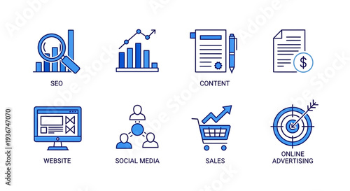 Digital Marketing Icons: SEO, Content, Website, Social Media, Sales, Advertising