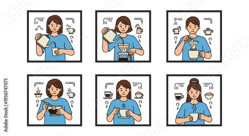 Educational sequence illustrates woman preparing pour over coffee through six steps from heating water to enjoying first delicious sip.