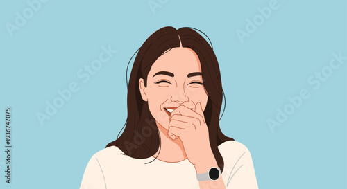 Joyful young woman with long dark hair laughs uncontrollably while covering her mouth in candid and expressive portrait illustration.