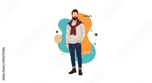 Fashionable man in casual attire with red sweater draped over shoulders stands confidently against abstract colorful geometric shapes.
