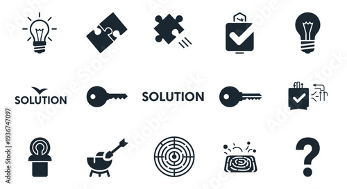 Solution Icons Set: Lightbulb, Puzzle, Key, Checkmark, Maze, Question Mark