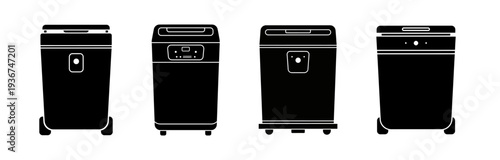 Collection of four identical dishwasher icons in silhouette, presented in a row, showcasing front and rear views