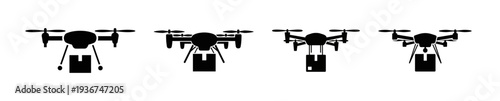 Set of four delivery drones carrying packages, illustrating modern logistics and aerial transportation services