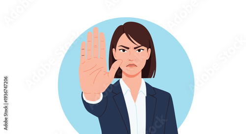 Firm businesswoman in navy suit holds her hand up in stop gesture with serious facial expression to set boundaries or reject idea.
