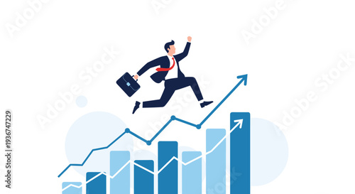 Motivated businessman jumps over rising blue bar chart towards arrow representing rapid growth and achieving high professional success.