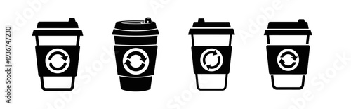 Collection of black and white vector icons representing various designs of reusable and recyclable takeaway coffee cups, emphasizing sustainable beverage consumption