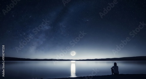A person sits peacefully by a serene lake at night, gazing at the radiant full moon and twinkling stars, enjoying the tranquil beauty.