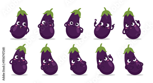 Collection of expressive eggplant characters features ten different cute poses and facial emotions in fun vegetable themed vector set.