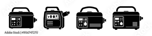 Set of four black and white illustrations of portable generators viewed from different angles, showcasing their design and features
