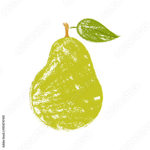 Green pear with leaf grunge texture, crayon vector illustration.