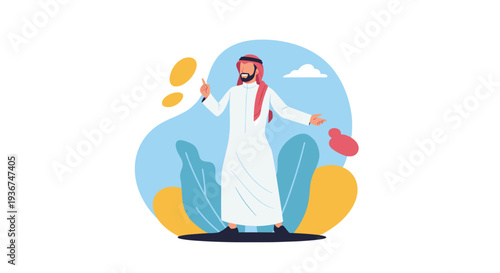 Smiling Arab man wearing traditional white thobe and red ghutra gesturing with his hands in front of abstract leaf background.