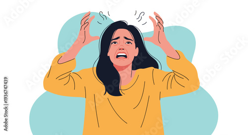 Frustrated and stressed young woman screaming and pulling her hair in distress representing mental pressure or headache.