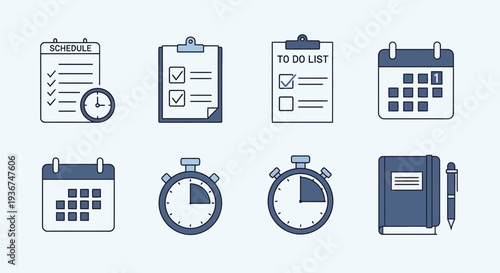 Time Management Icons: Schedule, To-Do List, Calendar, Stopwatch, Notebook, Pen
