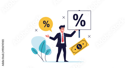 Happy businessman holding a percentage sign board and standing near a discount bubble and a flying dollar bill.