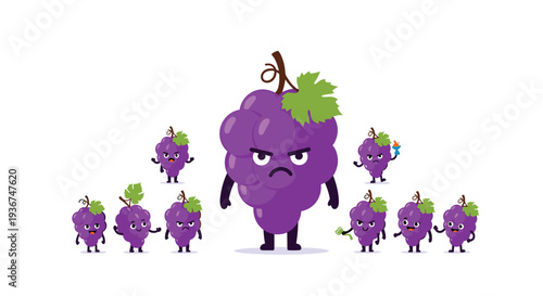 Giant purple grape character with an angry expression standing among many smaller grapes with different emotions.