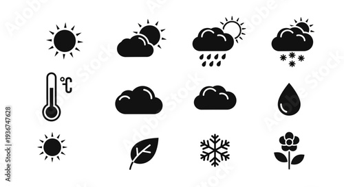 Weather Icons Set: Sun, Clouds, Rain, Snow, Thermometer, Leaf, Snowflake, Flower