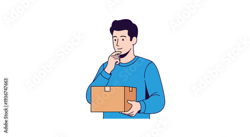 Young man in a blue shirt holding a brown cardboard parcel box and looking at it with a thoughtful expression.