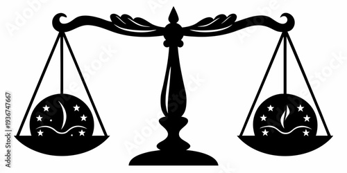 Mystical Balance Scale Silhouette with Moon and Fire Harmony