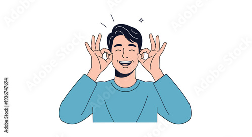 Joyful young man laughing and making okay gestures with both hands over his eyes like glasses on white background.