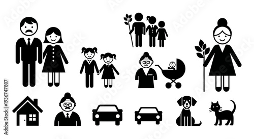 Family Icons: Parents, Children, Grandparents, Baby, Pets, House, Cars