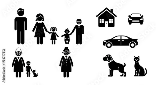 Family Icons: People, Pets, House, Car - Simple Vector Graphics for Lifestyle and Insurance