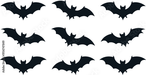 Set of black silhouette flying bat icons isolated on white background for spooky Halloween decorations vampire designs and gothic animal wildlife illustrations