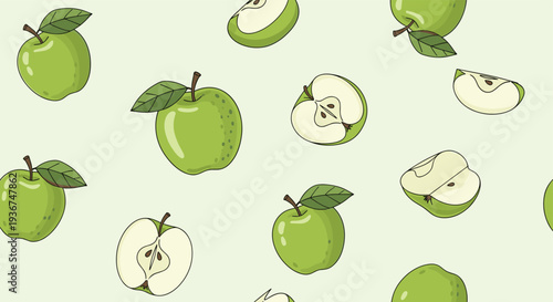 Seamless background pattern featuring many whole green apples and sliced apple halves with seeds and leaves on a pale green backdrop.