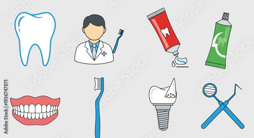 Dental Care Icons: Tooth, Dentist, Toothpaste, Brush, Implant, Tools, Mouth