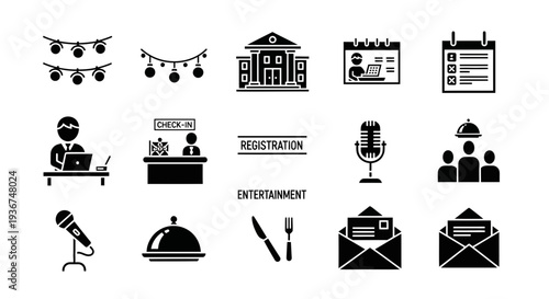 Event Planning Icons: Registration, Catering, Entertainment, Calendar, Venue, Welcome
