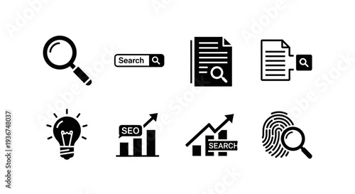 Search Icons Set: Magnifying Glass, Search Bar, Document, Lightbulb, SEO Graph, Fingerprint