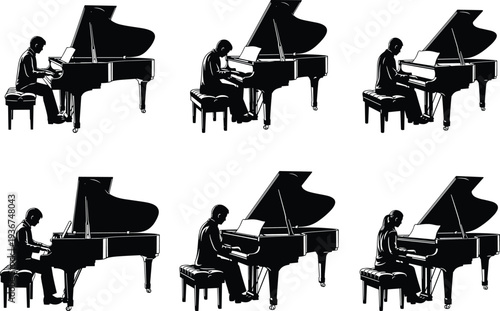 Set of grand piano players silhouettes, musician performing on stage, pianist playing classical music vector, artistic concert performance isolated on white