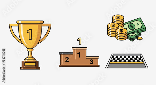 Trophy, Podium, Money, and Finish Line: Winning and Success Concept