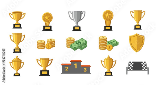 Collection of Trophies, Awards, Money, and Podium for Victory and Success