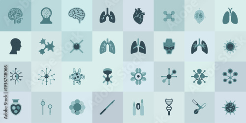 A collection of 32 professional medical and scientific icons in various shades of blue and black, representing different human organs, cells, and laboratory equipment.