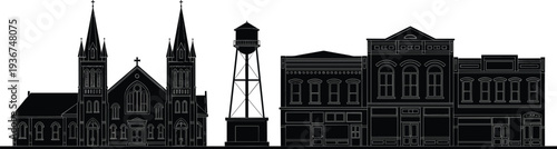 Vintage small town main street skyline silhouette, historic western buildings with church and water tower, vector architecture isolated on white, landscape