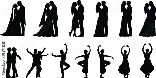Wedding couple silhouettes set, romantic bride and groom embrace, dancing figures in elegant poses, marriage celebration flat vector illustration, ballroom dance.