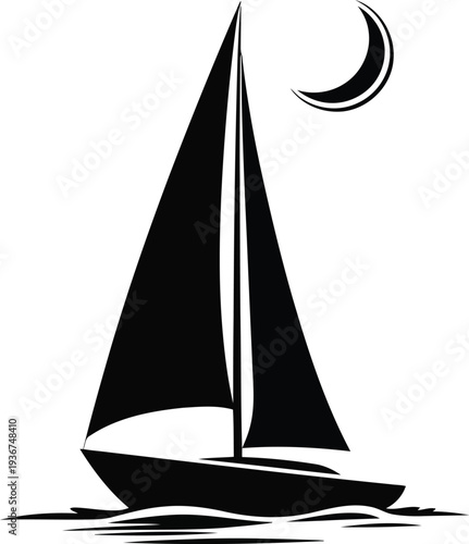 A sailboat on the water under a crescent moon
