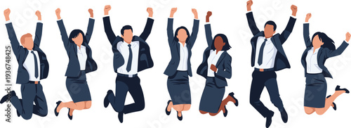 Happy business people jumping in suits, successful diverse team celebrating victory, corporate group joy, professional achievement flat vector illustration, winning employees.