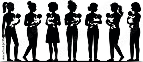 Set of Mother and Baby Black Silhouette Vector Illustrations Showing Women Holding Newborn Infants for Motherhood Parenting and Family Love Graphic Design
